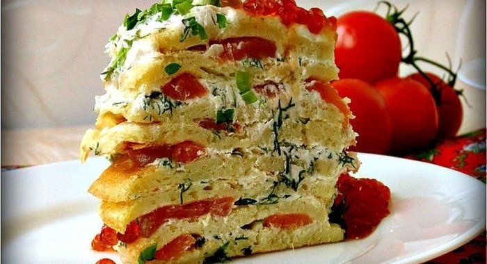 Блинный торт с семгой и рикоттой