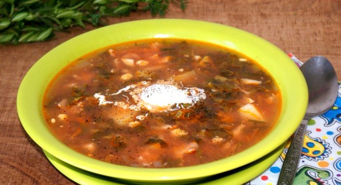 Зеленый борщ на курином бульоне