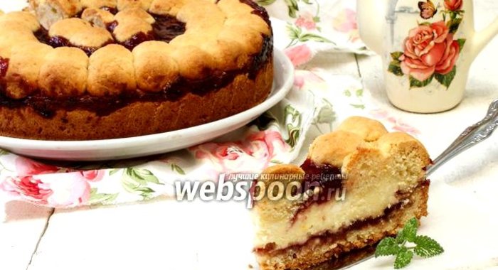 Творожный пирог с пудингом и вишнёвым джемом