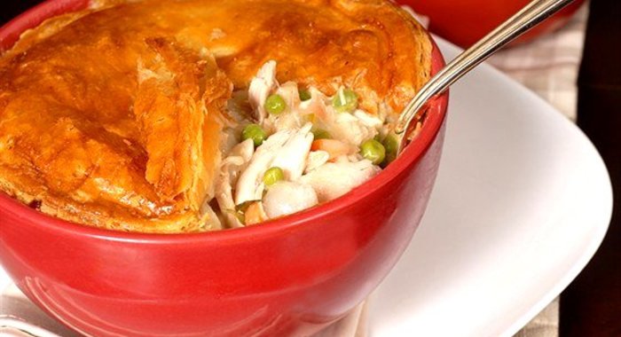 Пирог с курицей и грибами в горшочках