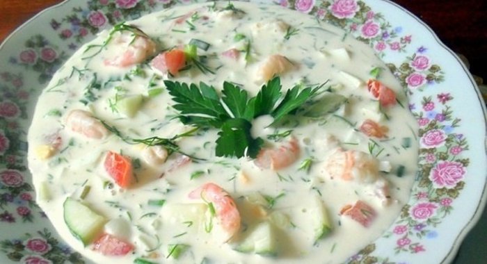 Окрошка с креветками