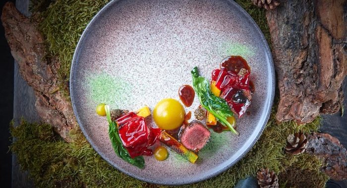 Оленина с печеной тыквой, яблочным кремом и соусом из морошки