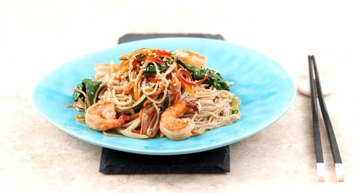 Рисовая лапша харусаме с креветками