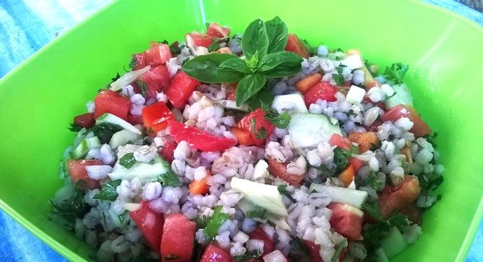 Салат из перловой крупы со свежими овощами
