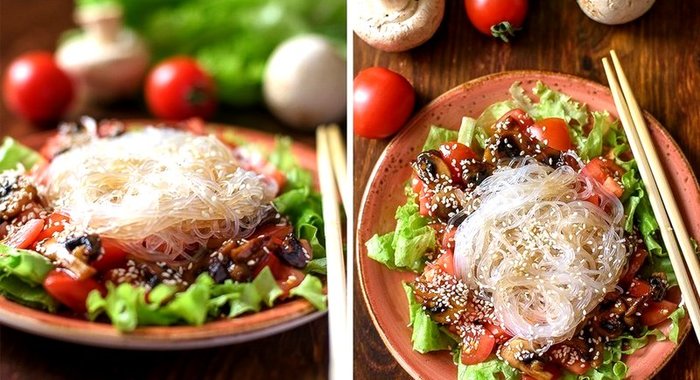 Фунчоза с грибами и помидорами черри