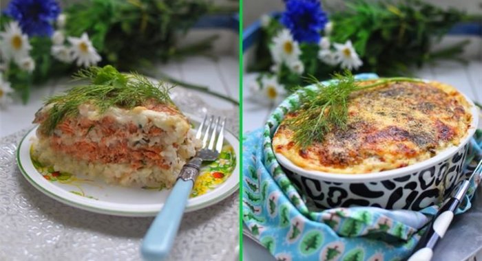 Запеканка из лосося с рисом под бешамелем и сыром