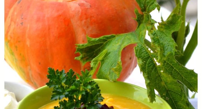 Тыквенный суп-пюре с карамелизованной свеклой и золотистым луком