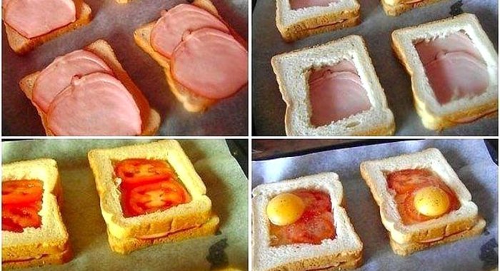 Печеные бутерброды с ветчиной, помидорами и яйцами