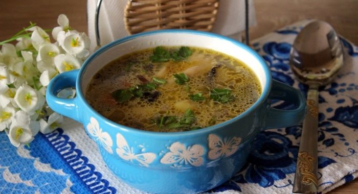 Суп с шампиньонами и фарфалле на курином бульоне