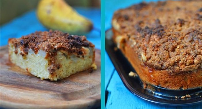 Грушевая шарлотка под белковой пенкой и штрейзелем