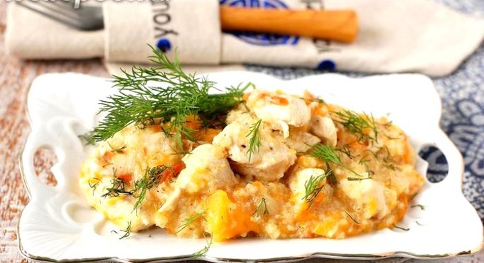 Ячневая каша с курицей и тыквой в мультиварке