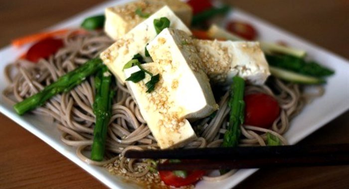 Гречневая лапша с томатами, тофу и базиликом