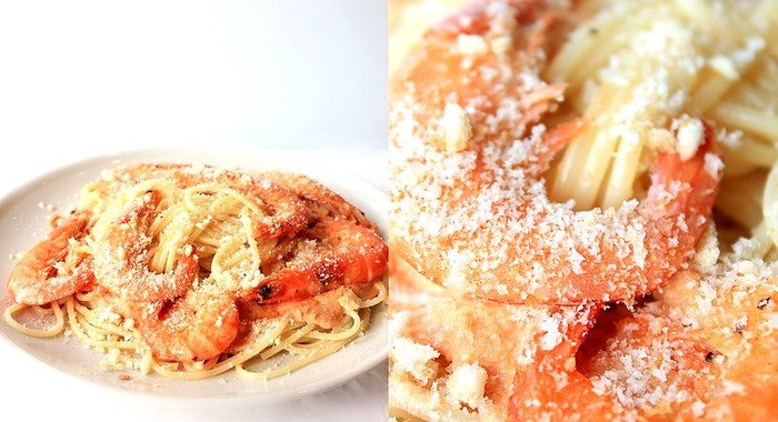 Спагетти с креветками в сливочно-томатном соусе с хлебно-чесночной крошкой