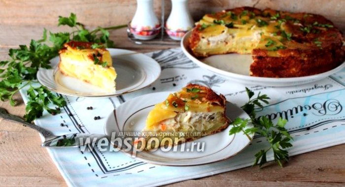 Заливной пирог-перевёртыш с капустой, курицей и картофелем