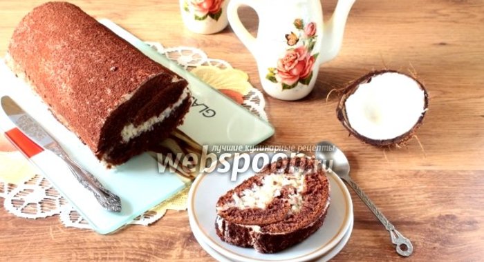 Шоколадно-пудинговый рулет с кокосовым кремом