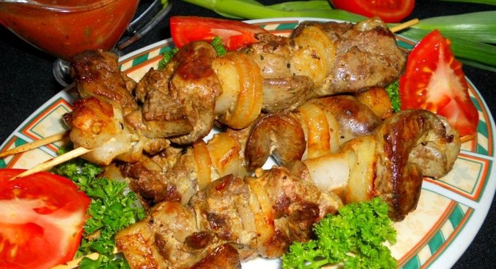 Шашлык из куриной печени на сковороде