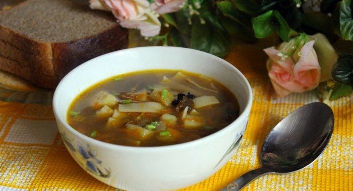 Суп с сушеными грибами и лапшой на курином бульоне