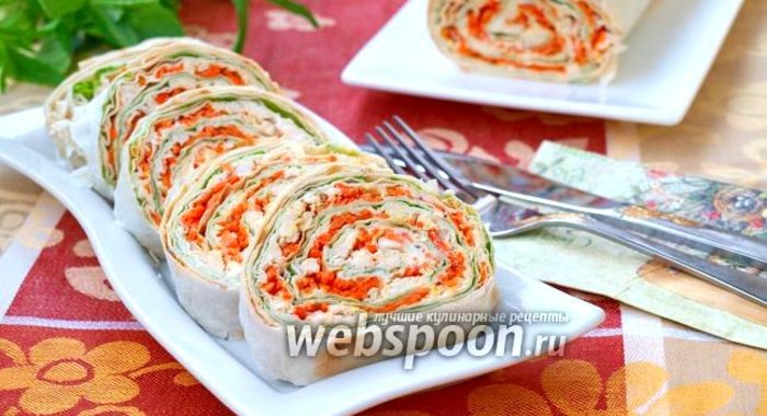 Рулет из лаваша с курицей и корейской морковью