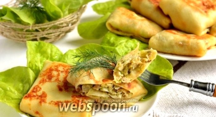 Блины с начинкой из молодой капусты, яиц и белых грибов