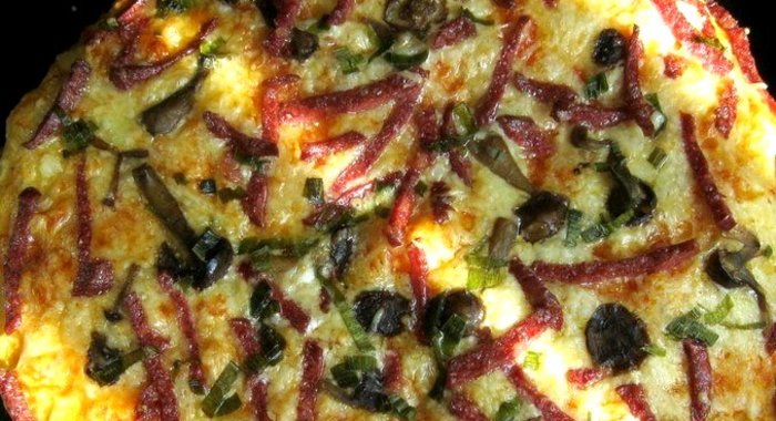 Пицца с колбасой и грибами