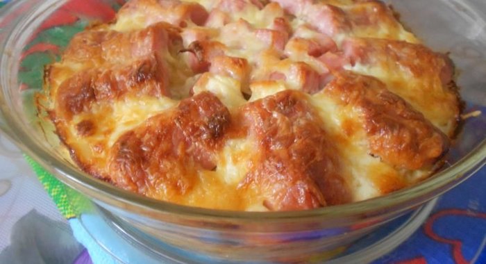 Рисовая запеканка с сосисками