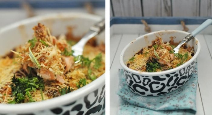 Сырная запеканка с лососем под хлебной крошкой