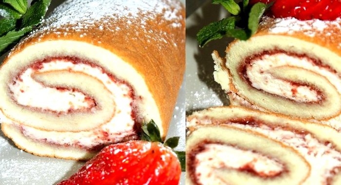 Бисквитный рулет с клубничным вареньем и взбитыми сливками