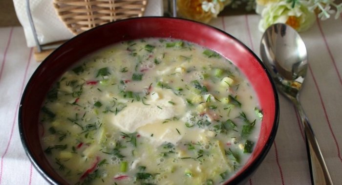 Окрошка на сыворотке с ветчиной