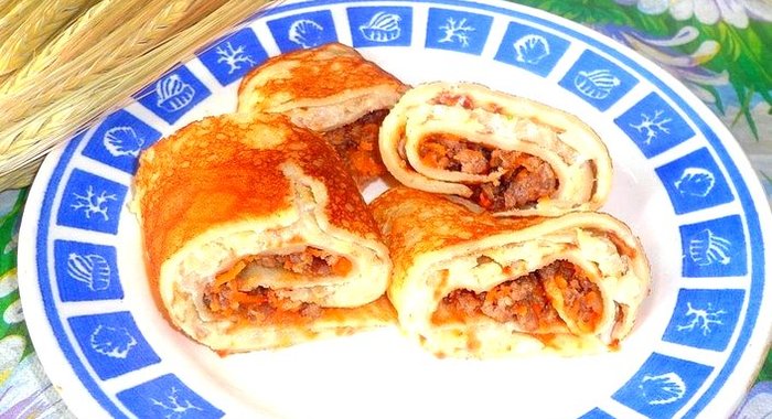 Рулетики из блинов с мясом и капустой