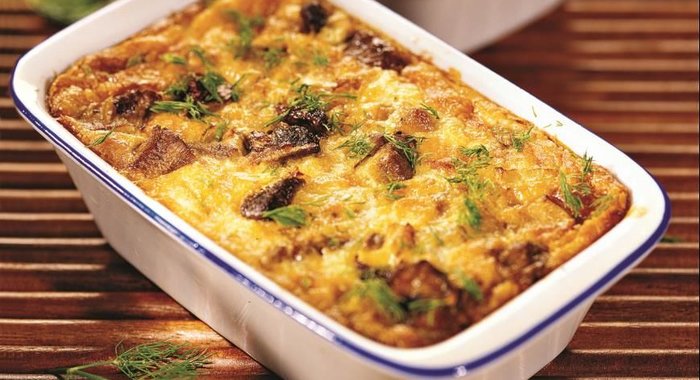 Запеканка из филе трески с грибами