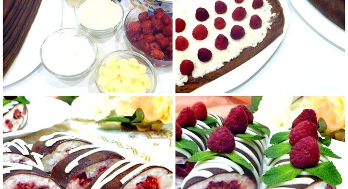 Шоколадные блинчики с кокосово-рисовым кремом и малиной