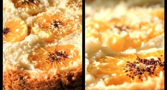 Песочный пирог с апельсином в безе и шоколадом