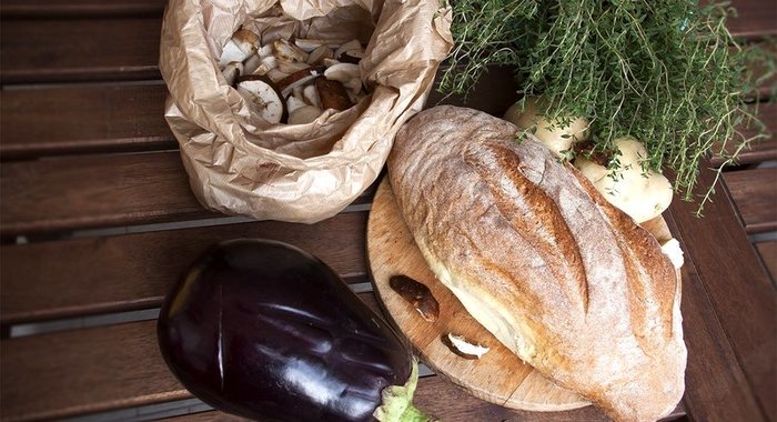 Запеченый пирог из картофеля, белых грибов и баклажанов